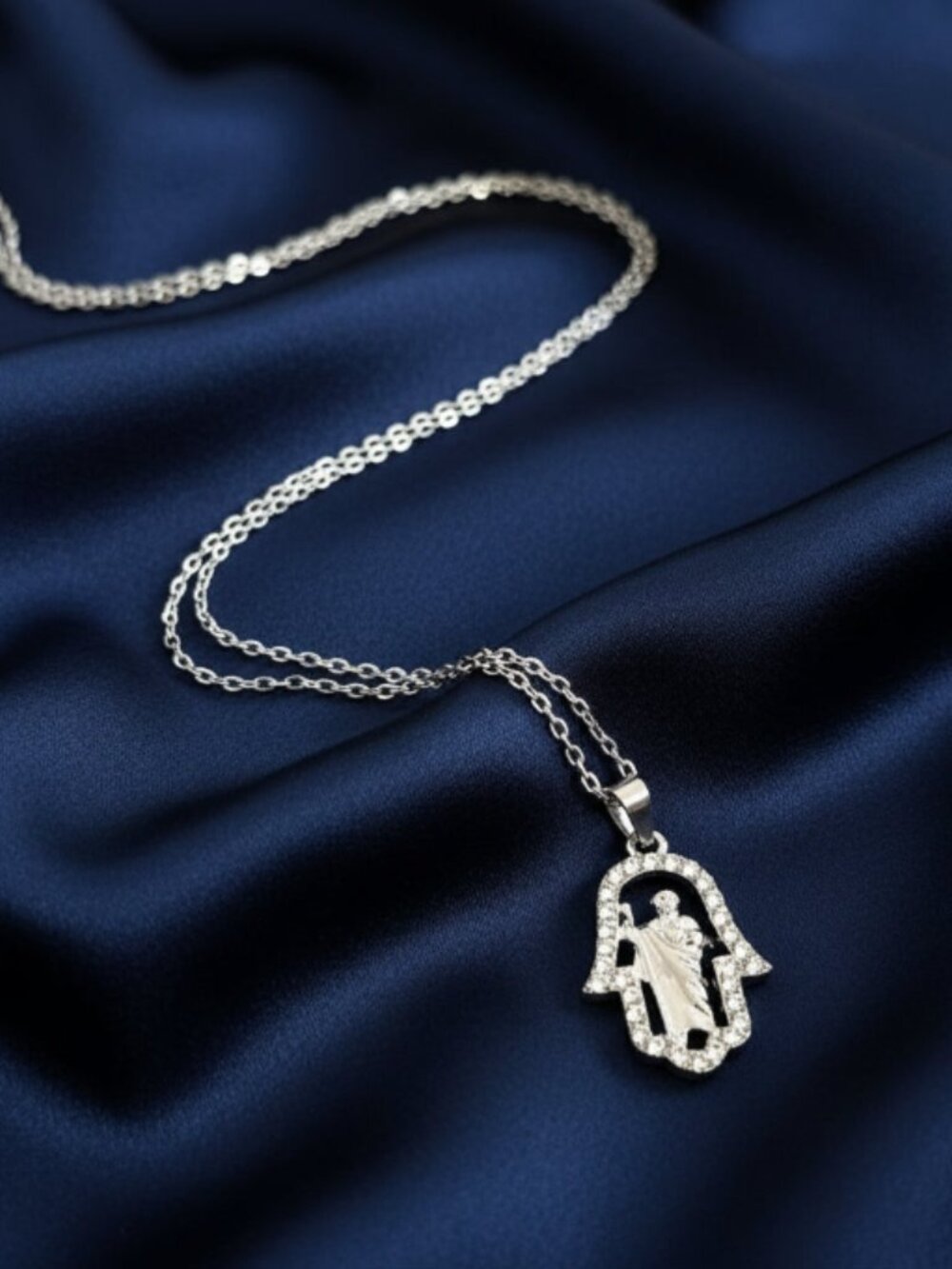 Silver Hamsa Hand Pendant Necklace, Hamsa Hand With St. Jude Pendant Necklace